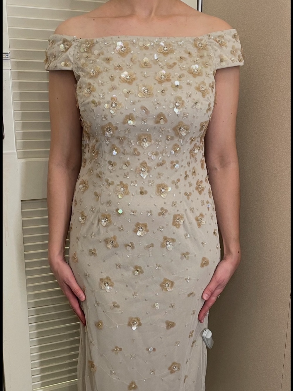 Adrianna Papell Beige Maxi Skirt with Gold Sequin Floral Appliqués